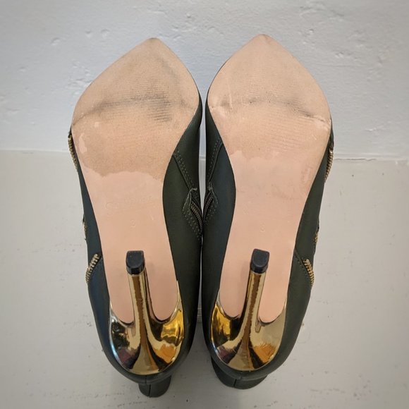 CATHERINE MALANDRINO Gold Stiletto Heel Zipper Detail Olive Green Ankle Boot Sz8 - Picture 7 of 12